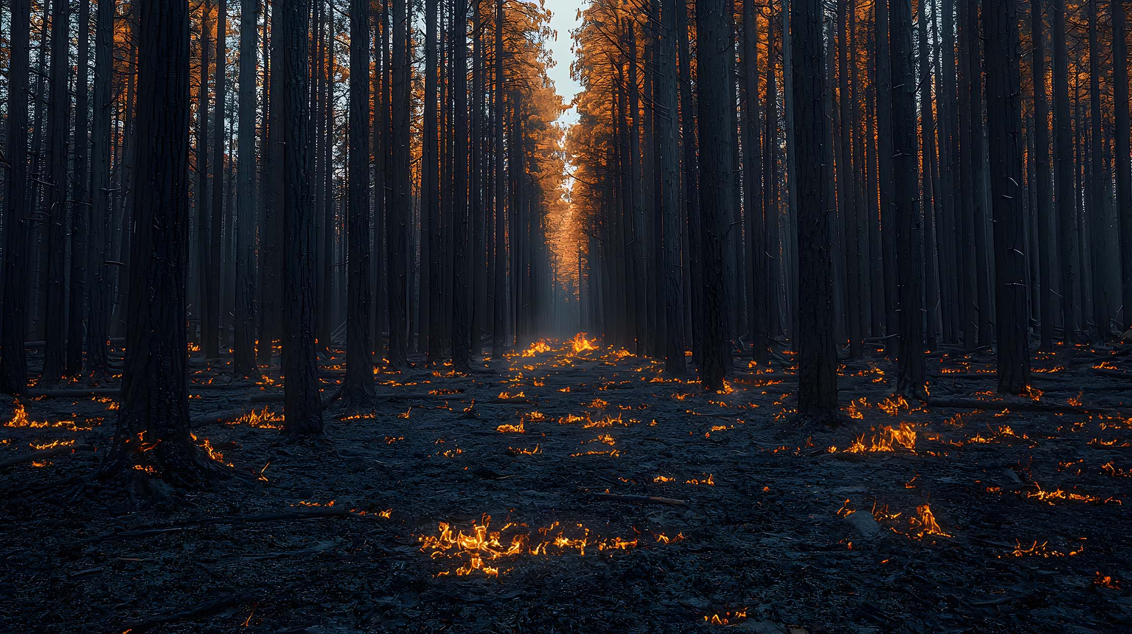 photo of dark forest path, ablaze with pockets of fire